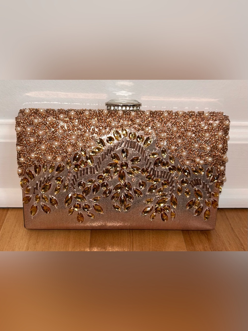 Champagne/Rose Gold Beaded Crystal Evening Clutch Bag with Chain Strap